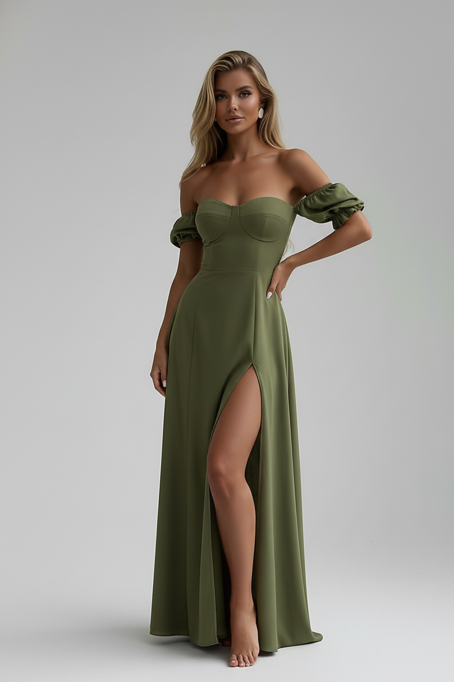 Floral off-shoulder maxi dress side view on model.