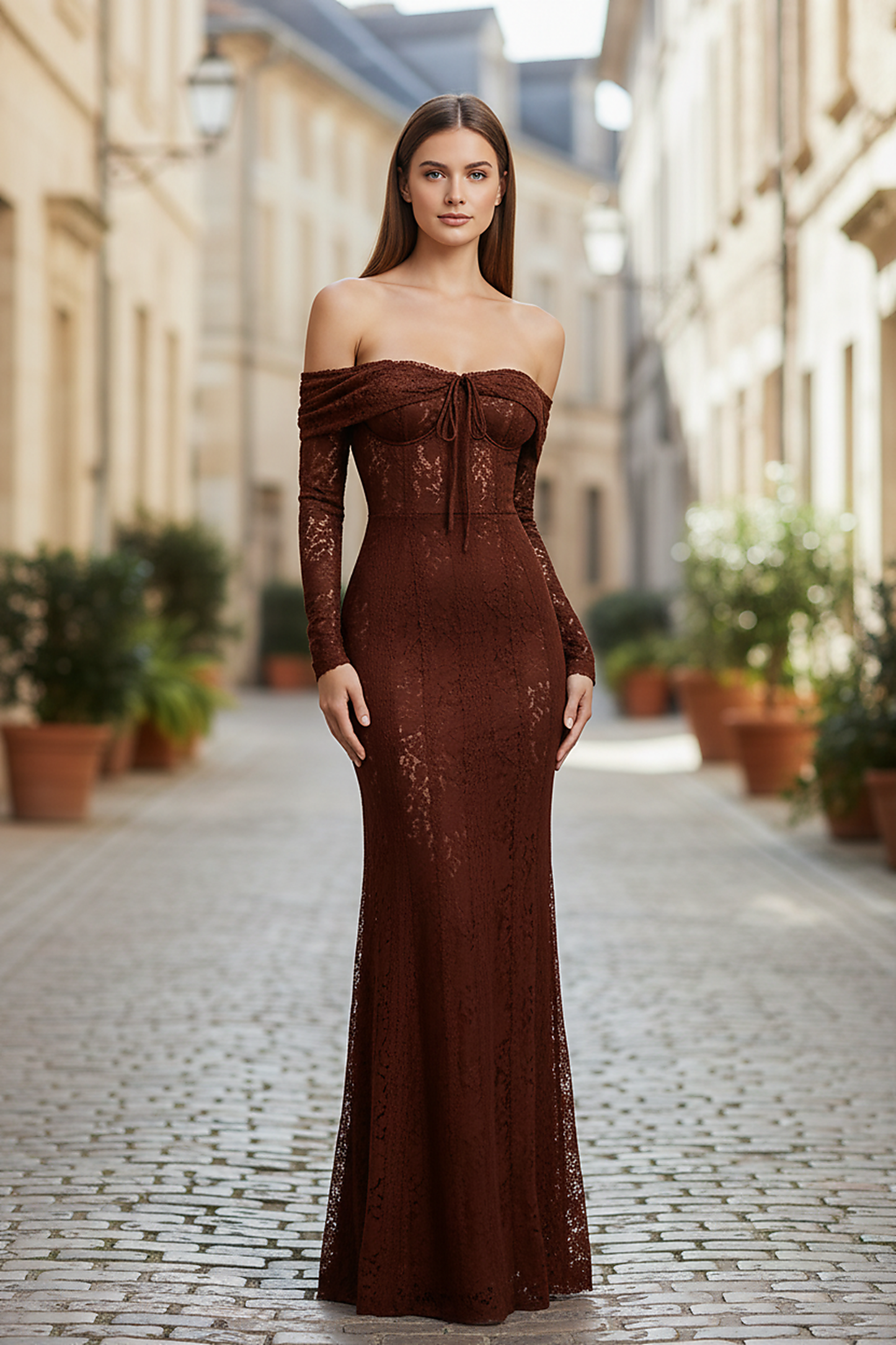 Off-shoulder lace-up flared-sleeve long dress, back view on model.
