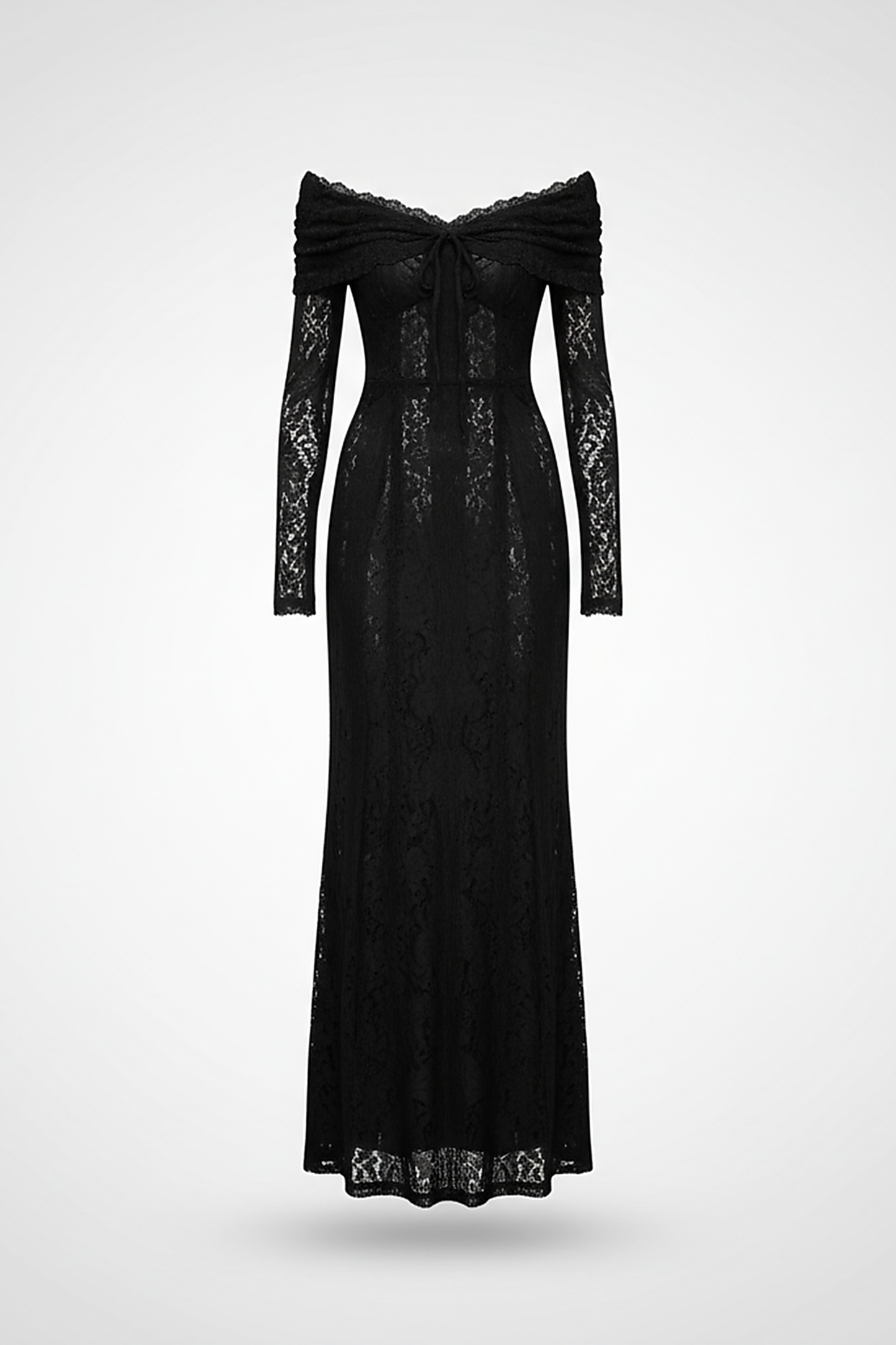 Off-shoulder lace-up flared-sleeve long dress, fabric detail.