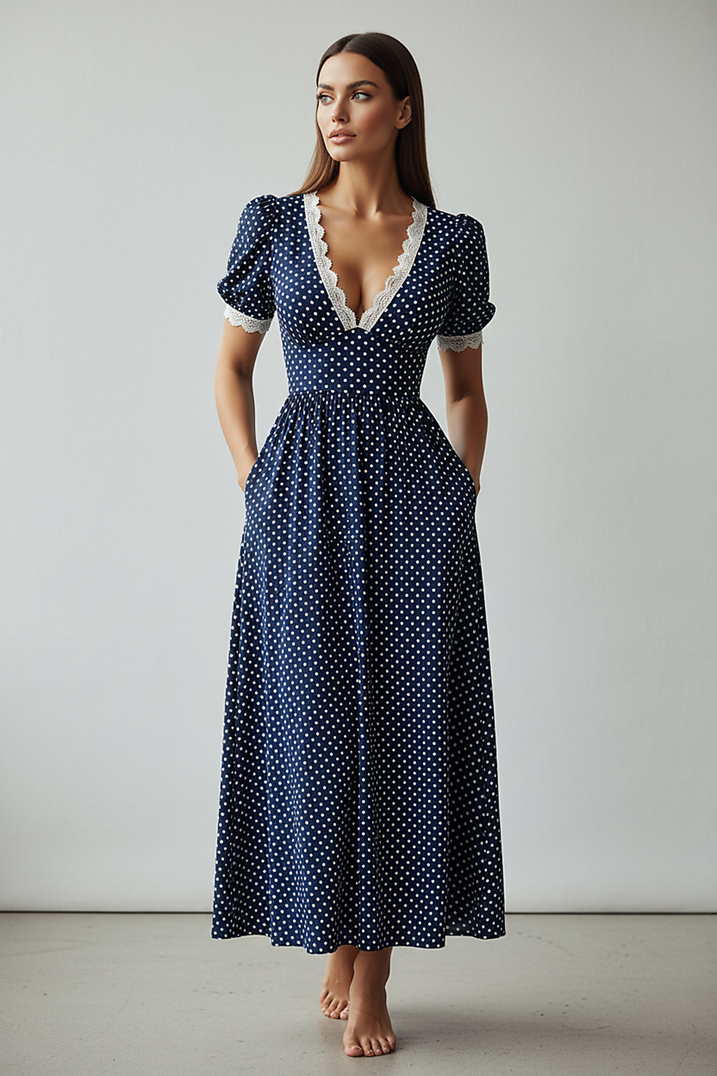 Navy blue polka dot maxi dress with lace trim, short sleeves.