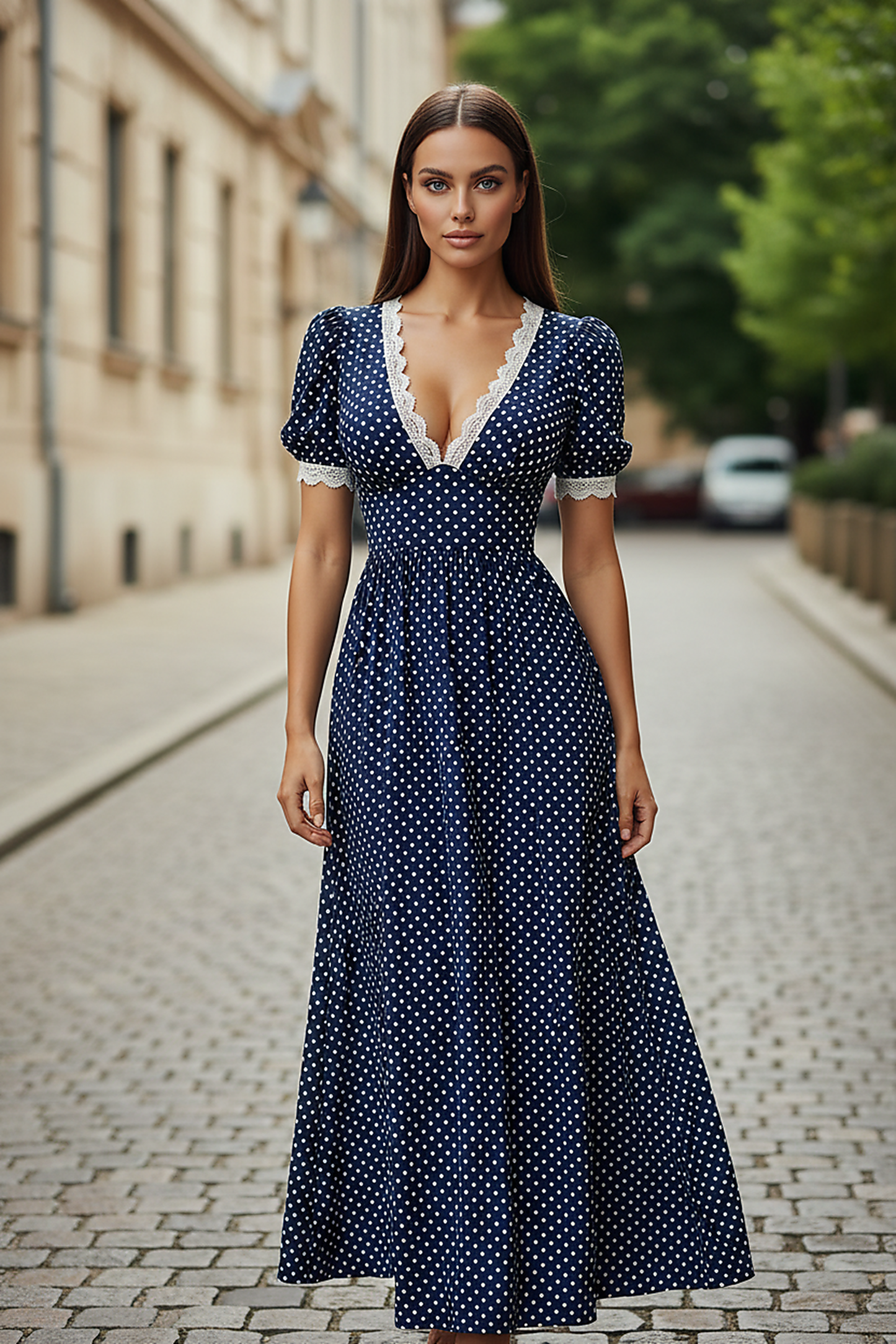 Navy blue polka dot maxi robe with V-neck and lace trim.