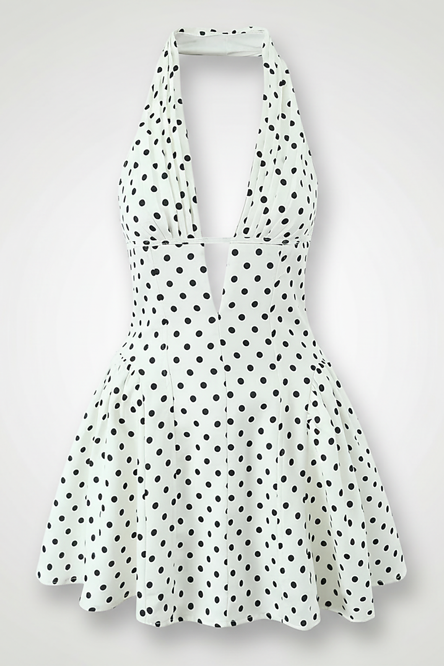 Sweet elegant retro polka dot halter mini dress, front view on model.