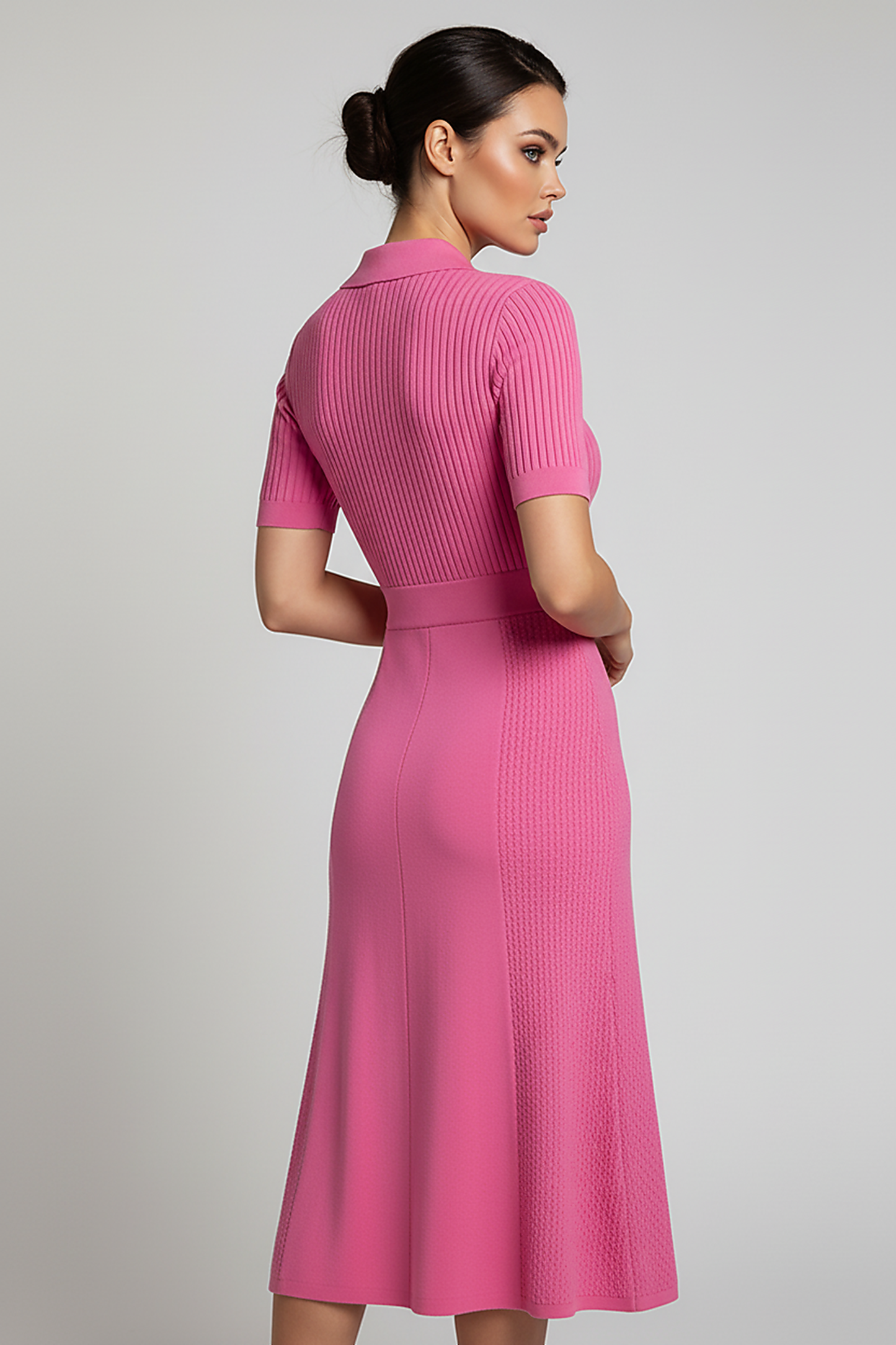 Elegant spring summer patchwork knit maxi shirt dress, front view.