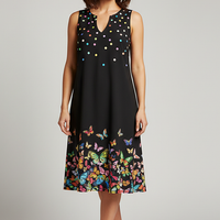 V-neck sleeveless printed maxi dress, front view on model.