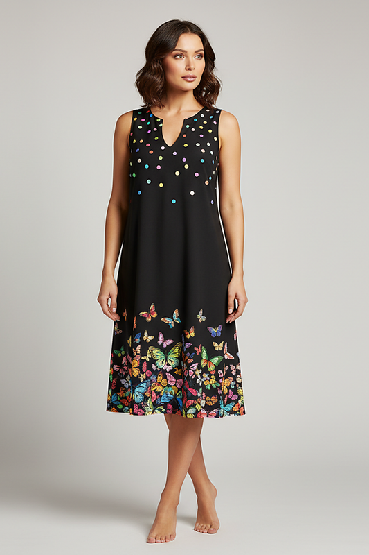 V-neck sleeveless printed maxi dress, front view on model.