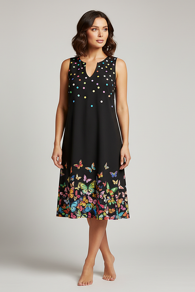 V-neck sleeveless printed maxi dress, front view on model.