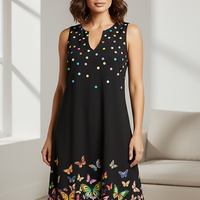 V-neck sleeveless printed flared dress, front view on model.