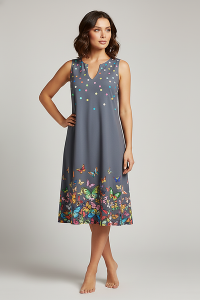 V-neck sleeveless printed resort dress, outdoor lifestyle view.