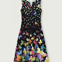 Statement print V-neck sleeveless flowing dress, front view on model.