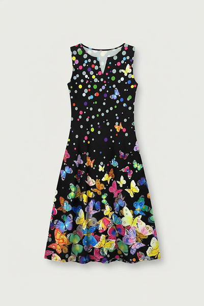 Statement print V-neck sleeveless flowing dress, front view on model.