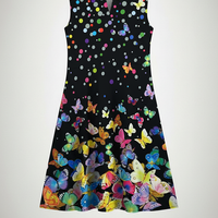 Vibrant patterned V-neck sleeveless A-line dress, front view on model.