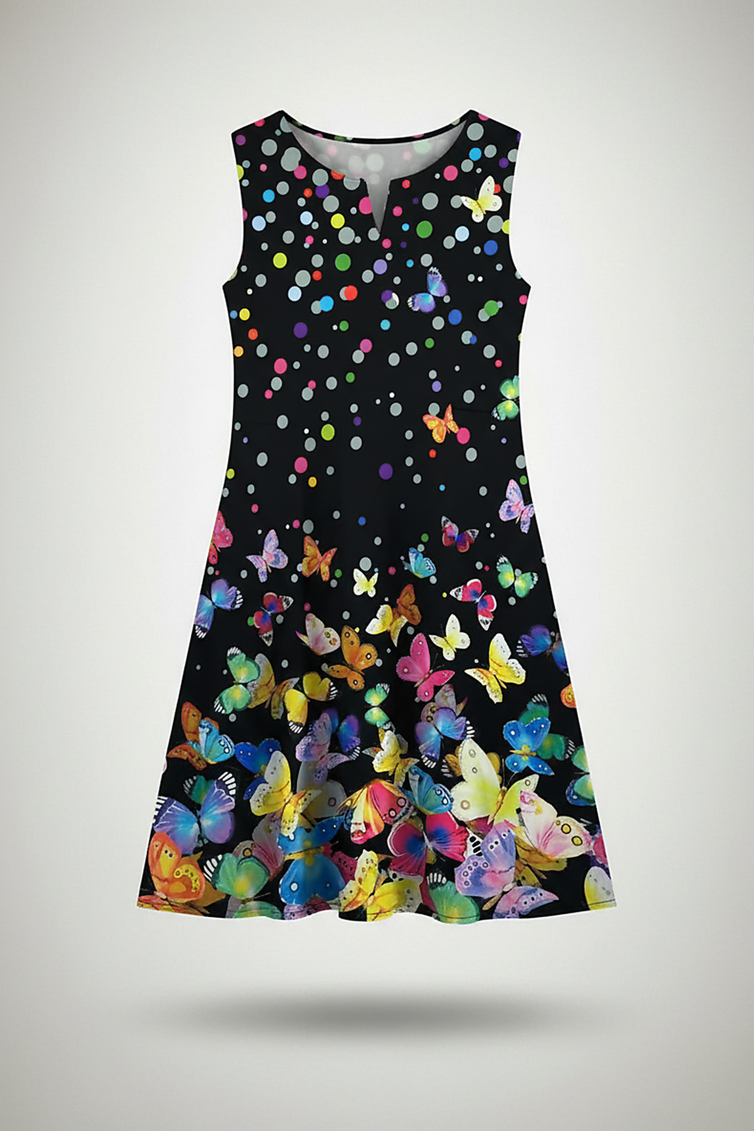 Vibrant patterned V-neck sleeveless A-line dress, front view on model.