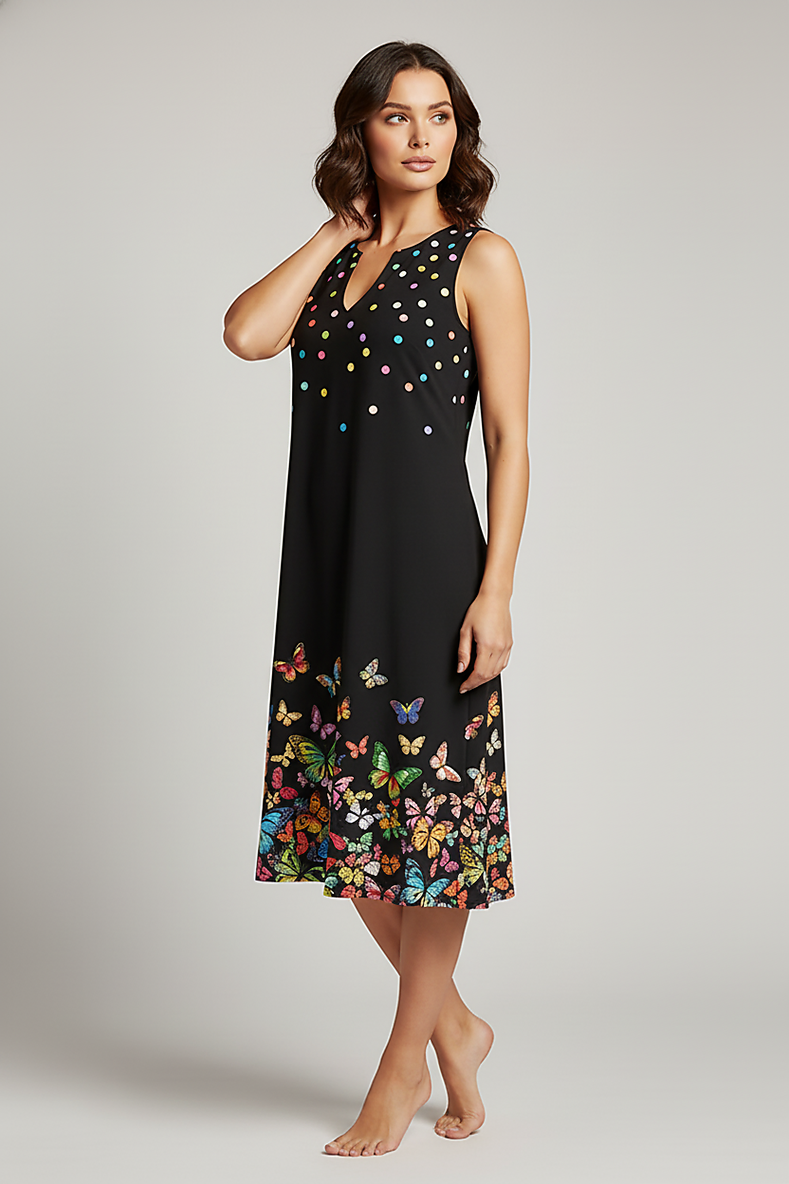 V-neck printed flowy vacation dress, outdoor lifestyle view.