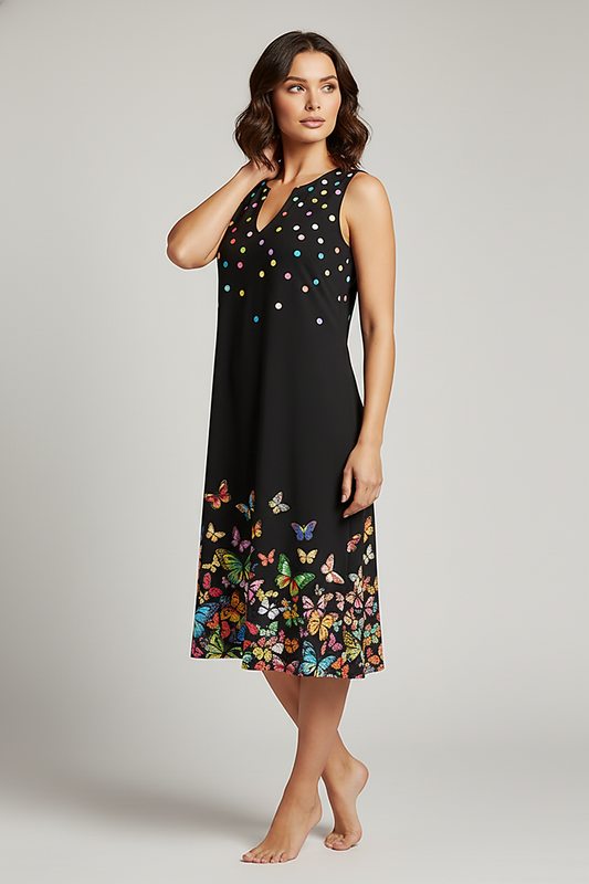 V-neck printed flowy vacation dress, outdoor lifestyle view.