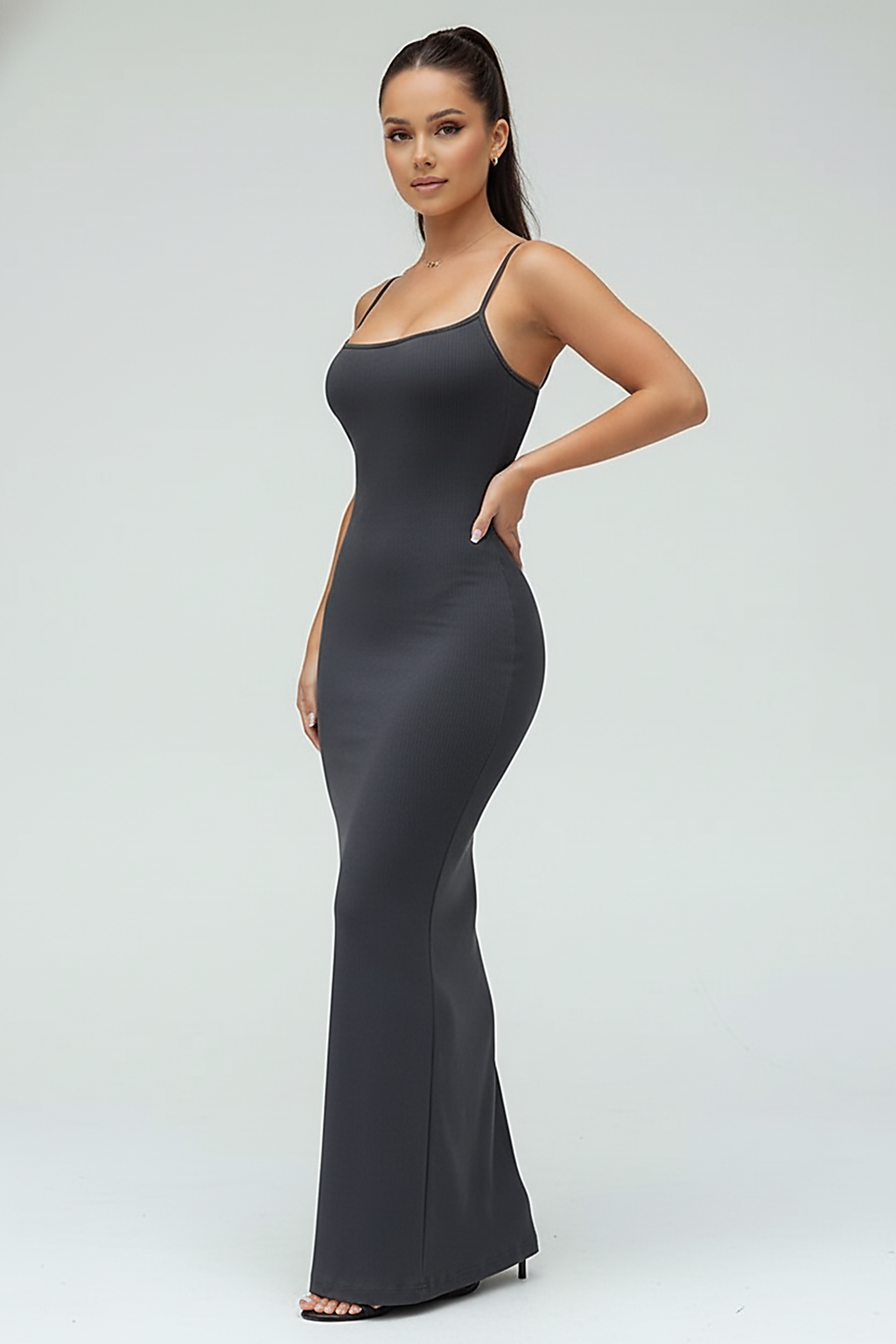 Black spaghetti strap long dress, fabric detail.