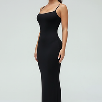 Black spaghetti strap long dress, front view on model.