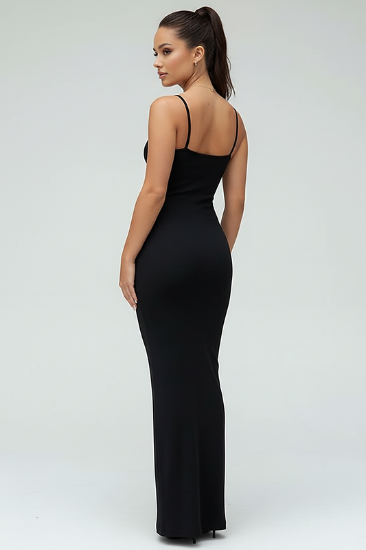 Black spaghetti strap long dress, side view on model.