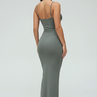 Black spaghetti strap long dress, alternative front view.