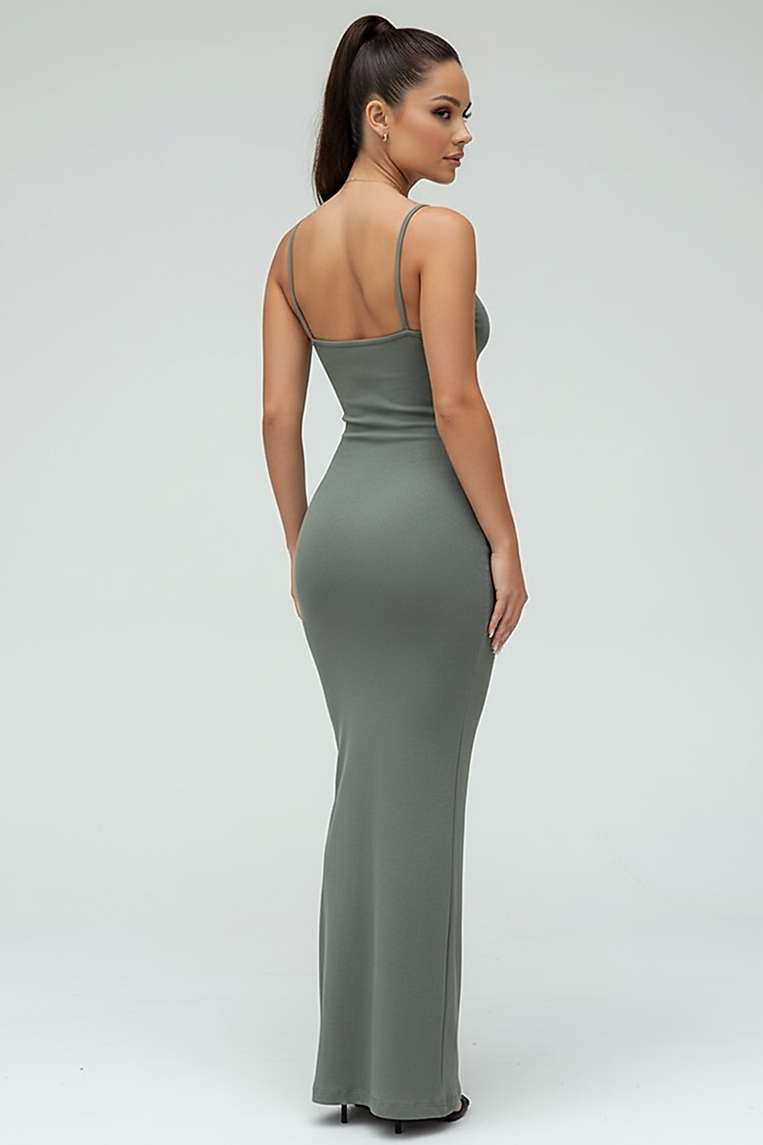 Black spaghetti strap long dress, alternative front view.