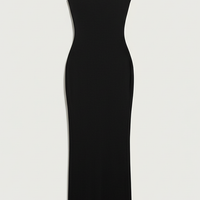 Black spaghetti strap long dress, full length view.