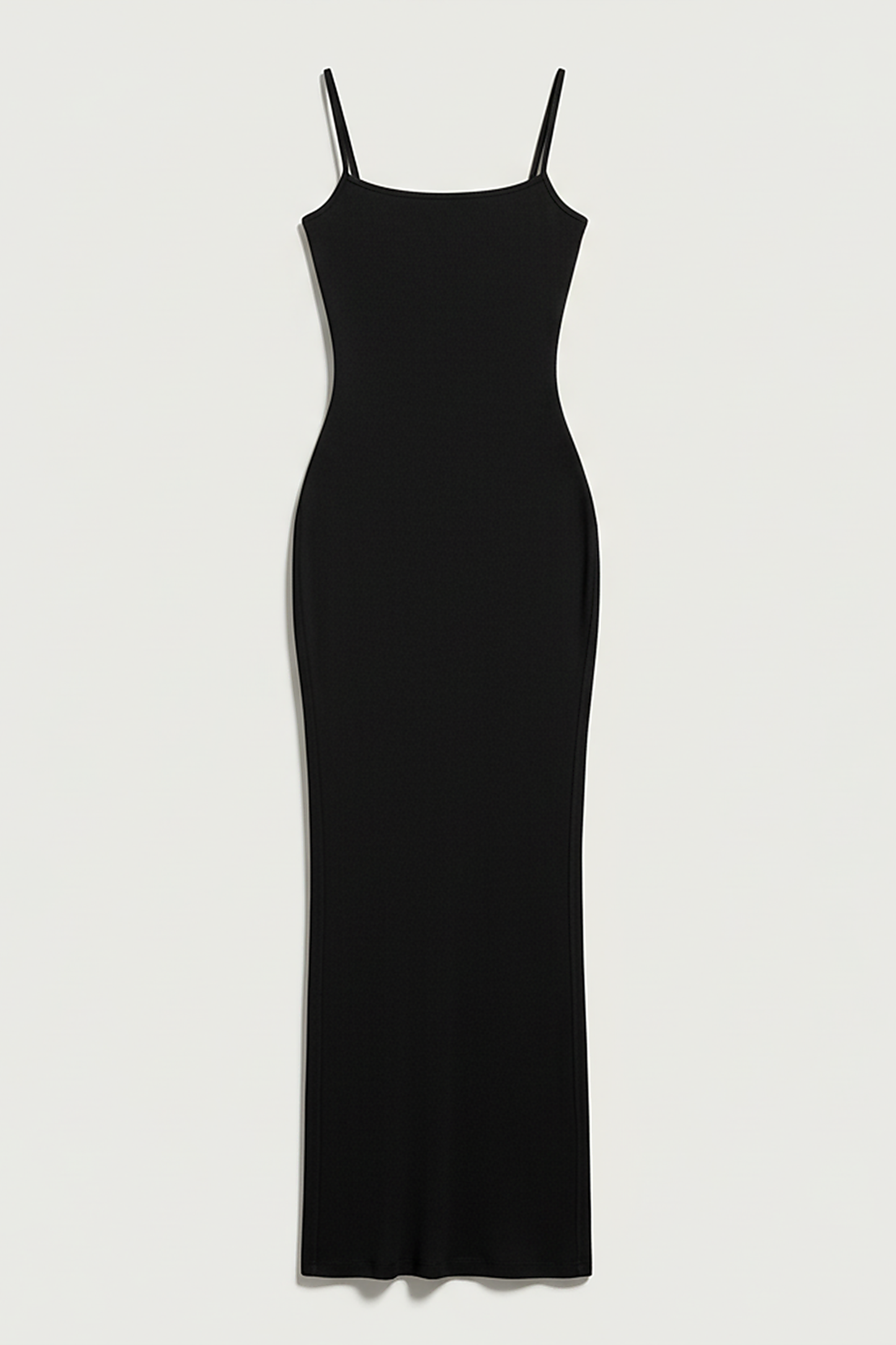 Black spaghetti strap long dress, full length view.
