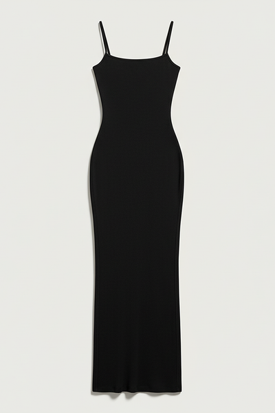 Black spaghetti strap long dress, full length view.