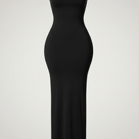 Black spaghetti strap long dress, hem detail.