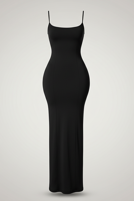 Black spaghetti strap long dress, hem detail.