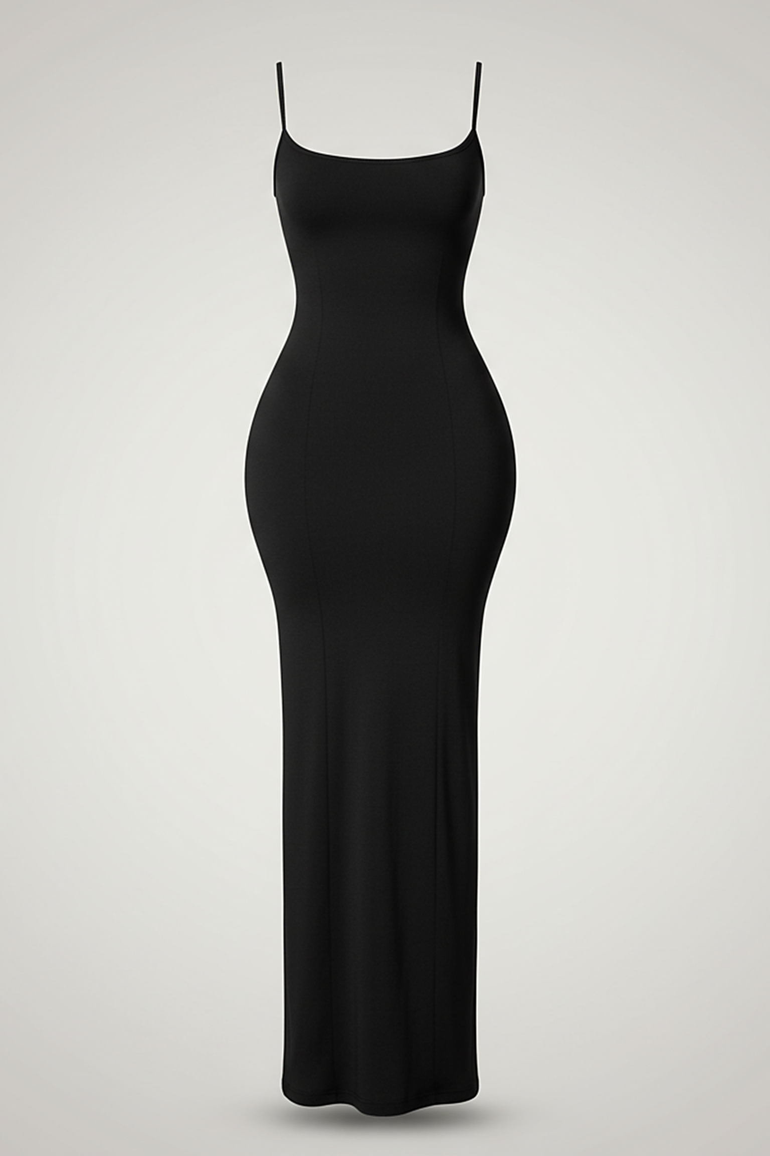 Black spaghetti strap long dress, hem detail.