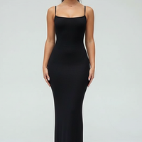 Black spaghetti strap long dress, front view on model.