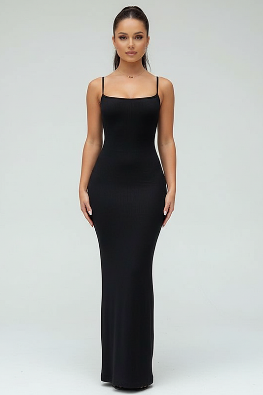 Black spaghetti strap long dress, front view on model.