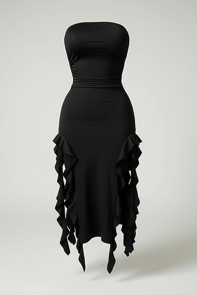 Front view of a model wearing a black strapless bodycon dress with rosette details on the hips and an asymmetrical ruffle hem.; Model wearing the black strapless rosette dress while standing in front