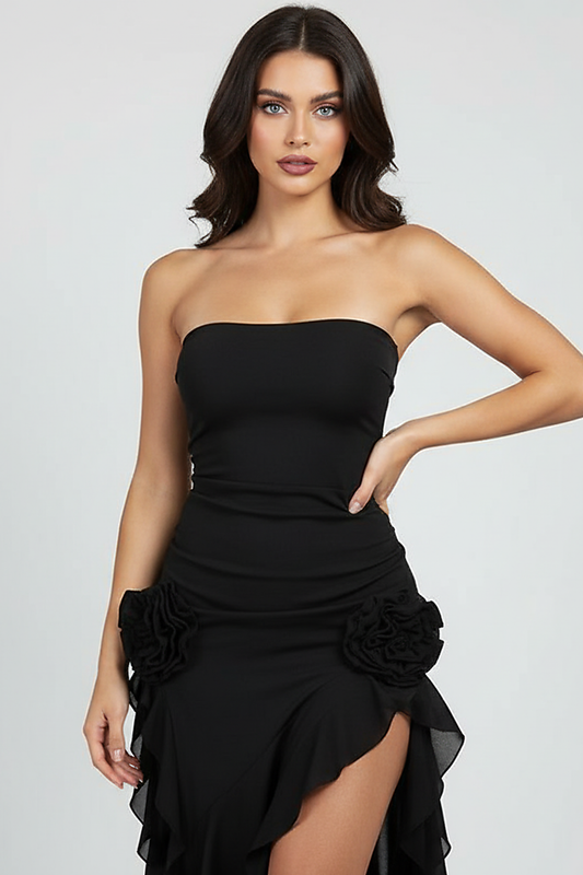 Black Strapless Rosette Ruffle Dress - Thorne & Ivy