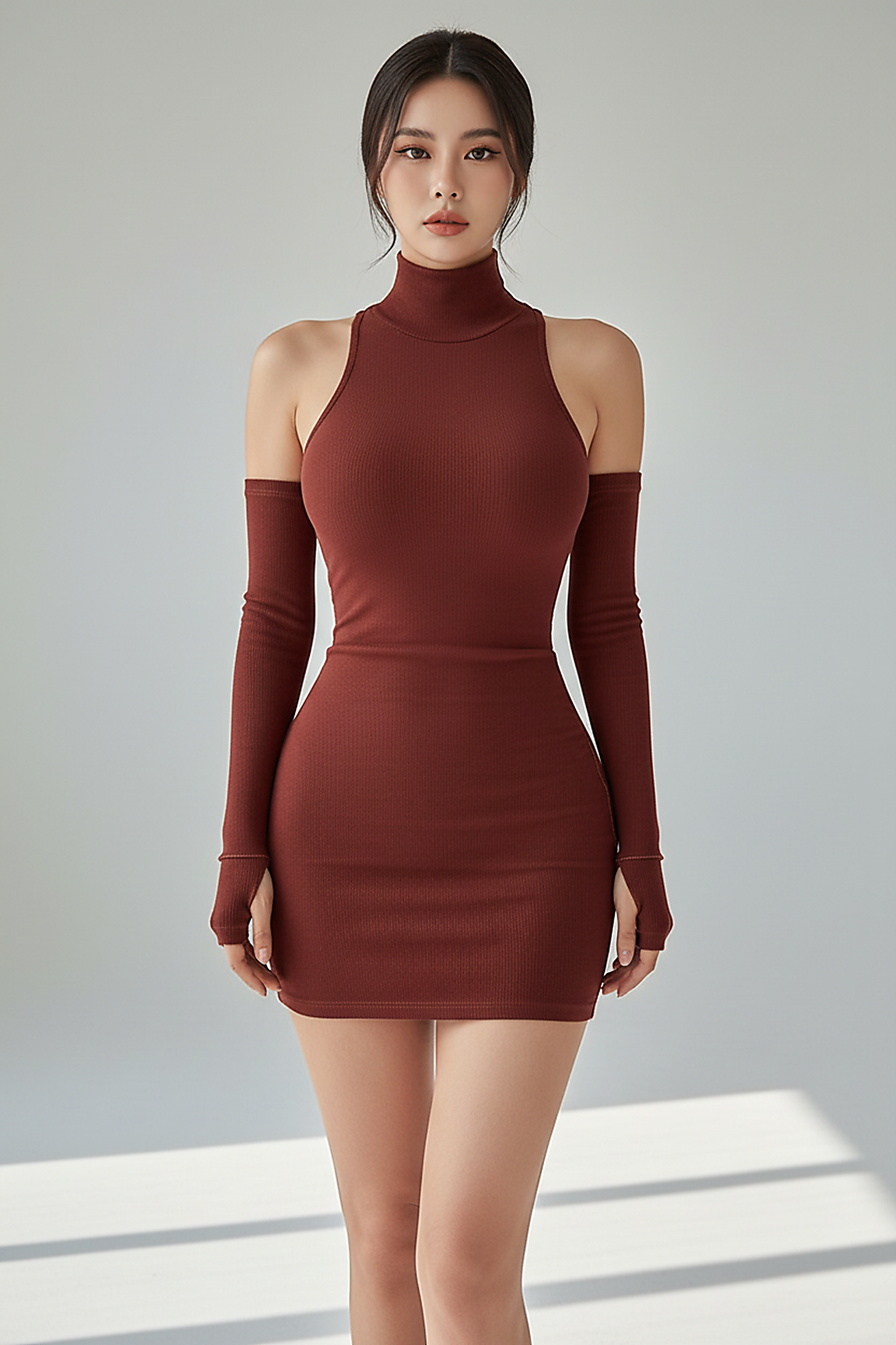 Sleeveless pleated mini dress with high-neck and lace-up, back view.