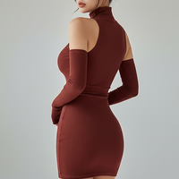 Sleeveless pleated mini dress with high-neck and lace-up, back view on model.