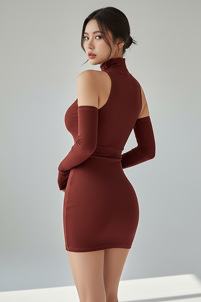 Sleeveless pleated mini dress with high-neck and lace-up, back view on model.