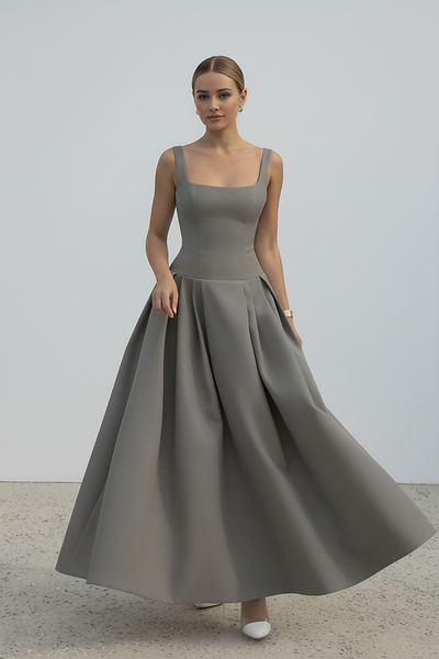 Polka dot maxi dress, front view on model.