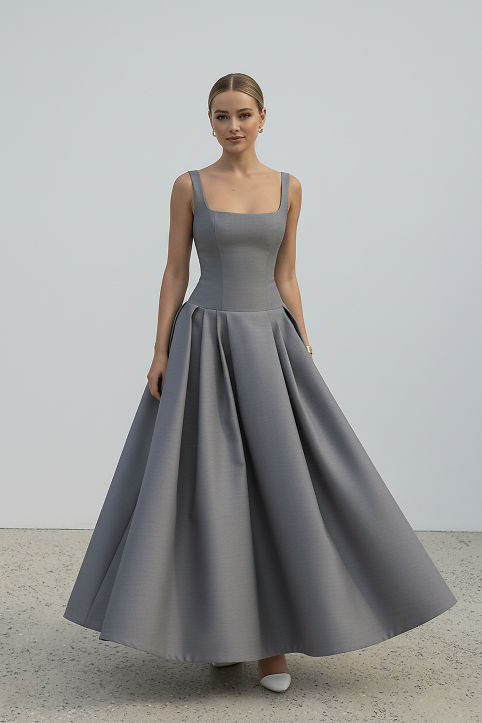 Polka dot maxi dress, back view on model.