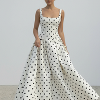 Polka dot maxi dress, side view on model.