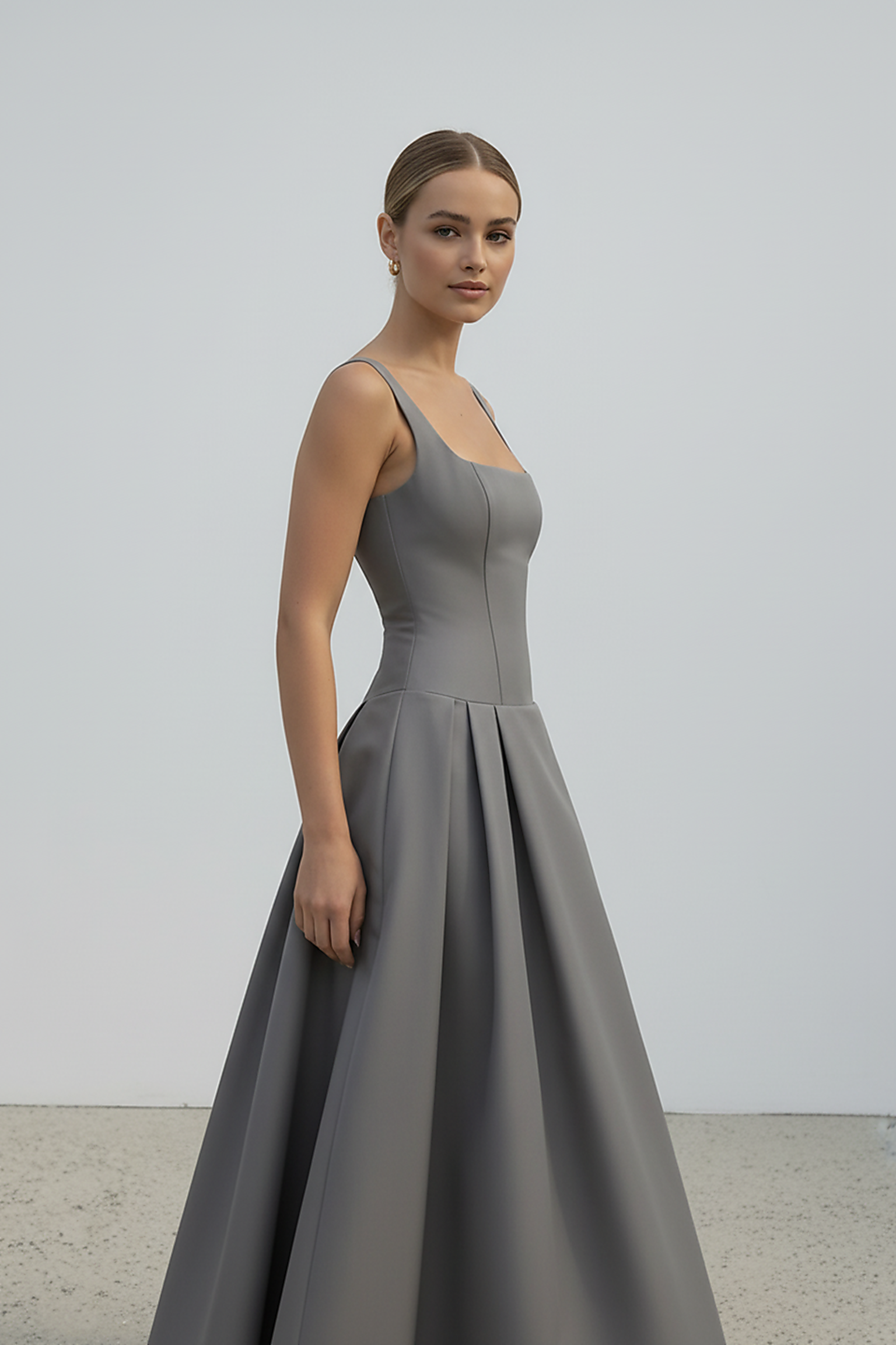 Polka dot maxi dress, square neckline detail.