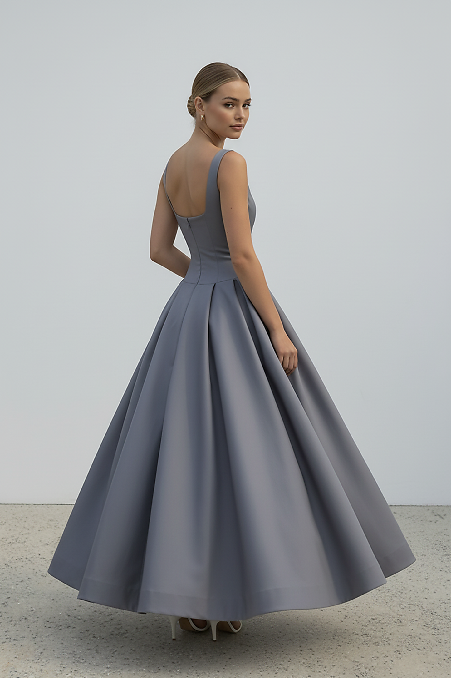 Polka dot maxi dress, fabric texture detail.