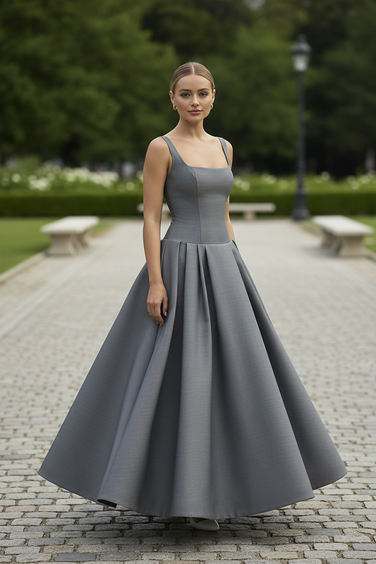 Polka dot maxi dress, full length view.