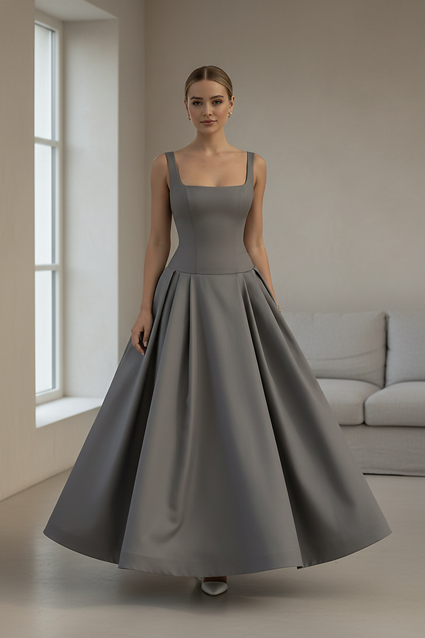 Polka dot maxi dress, front view, different pose.