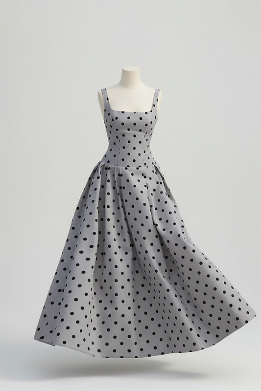 Polka dot maxi dress, back view, different pose.