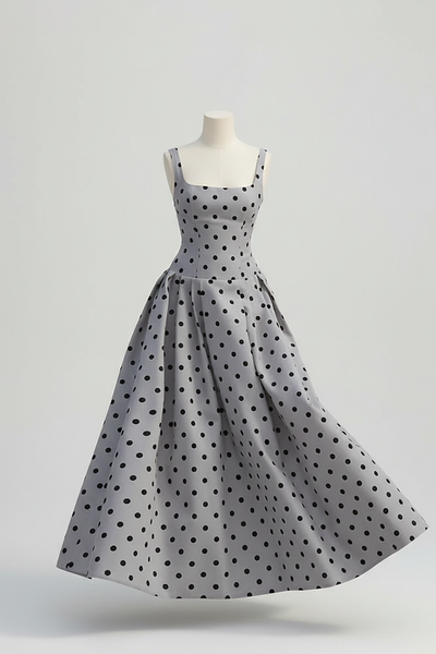 Polka dot maxi dress, back view, different pose.