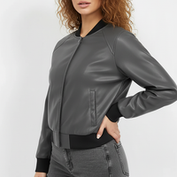 Black PU motorcycle jacket, angled front view on model.