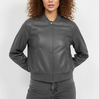 Black PU motorcycle jacket, back view on model.