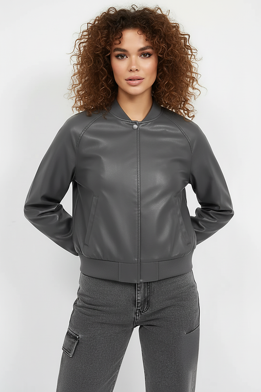 Black PU motorcycle jacket, back view on model.