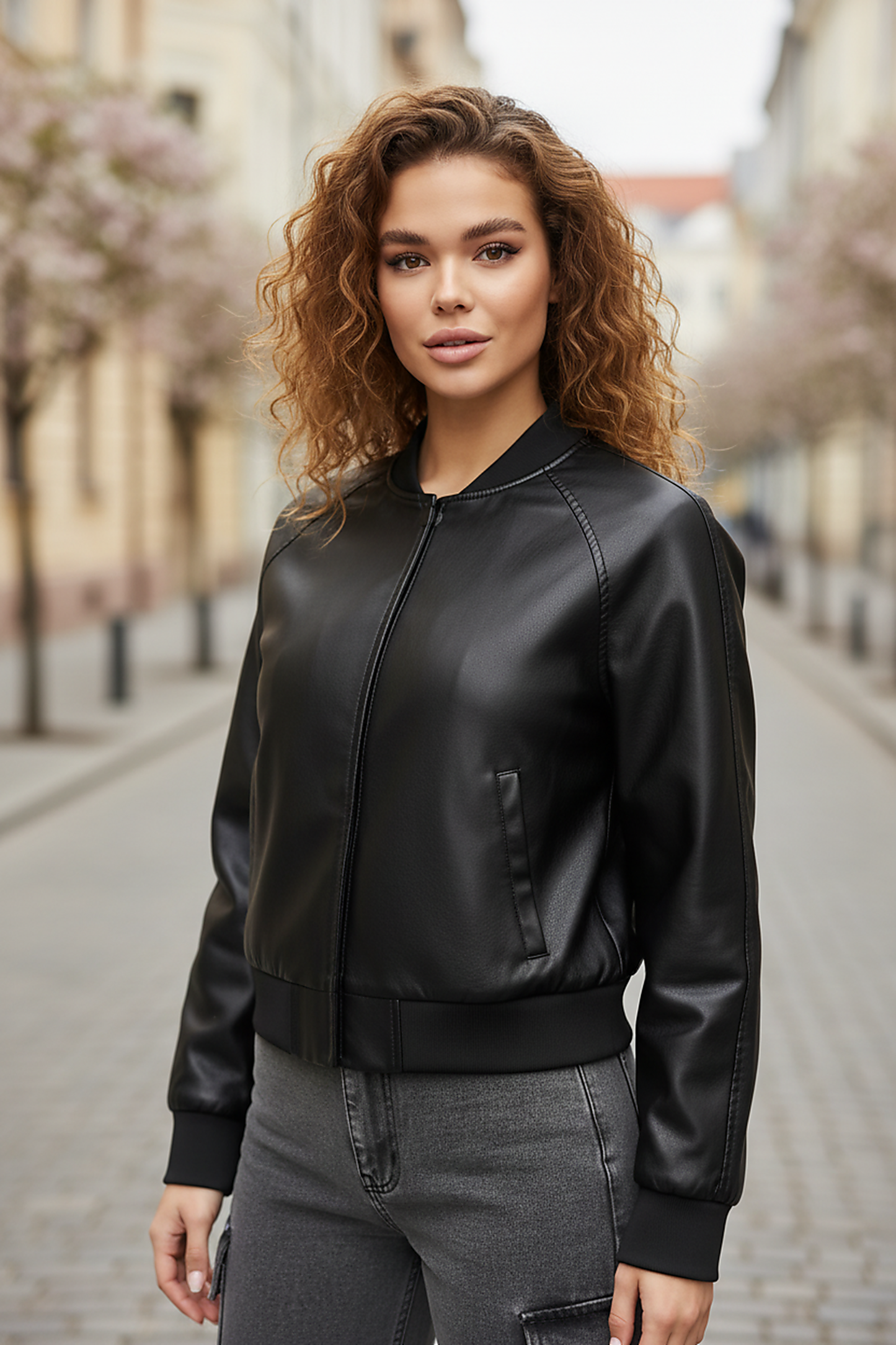 Black PU motorcycle jacket, sleeve cuff detail.