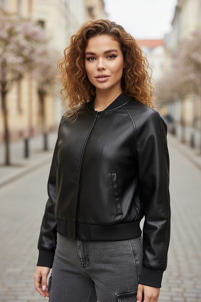 Black PU motorcycle jacket, sleeve cuff detail.